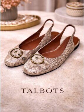 Talbots Snake Print Slingback Flats 8.5 Leather Tan Brown Chic